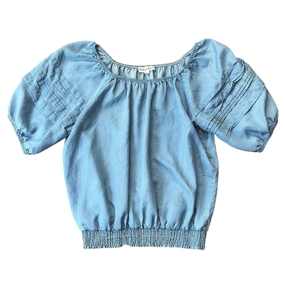 Indigo Rose Puff Sleeve Smocked Waist Chambray Peasant Blouse XL